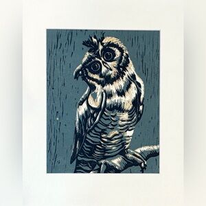 Owl Art Hand Printed Linocut Owl Reduction Print Woodland Animal Art Matted